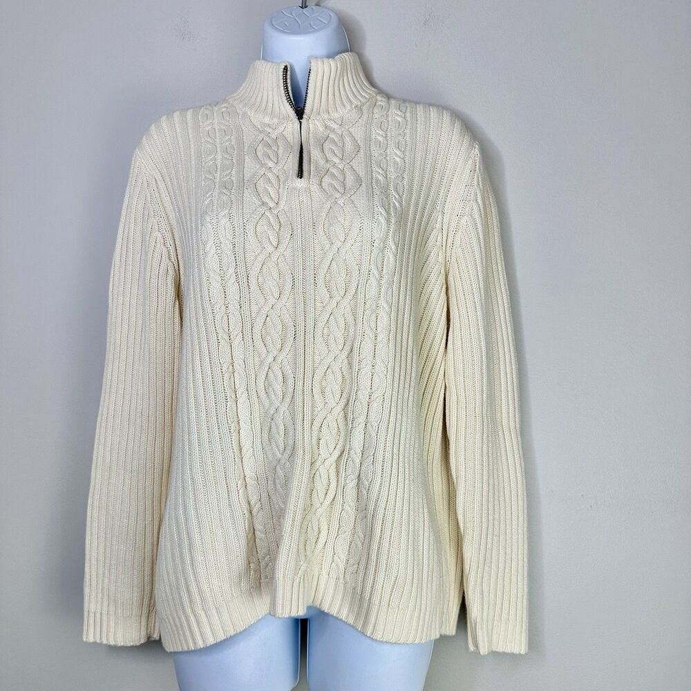 Lands End Cable Knit Sweater Women M(10-12) Cream Cotton 1/4 Zip Fisherman Vtg